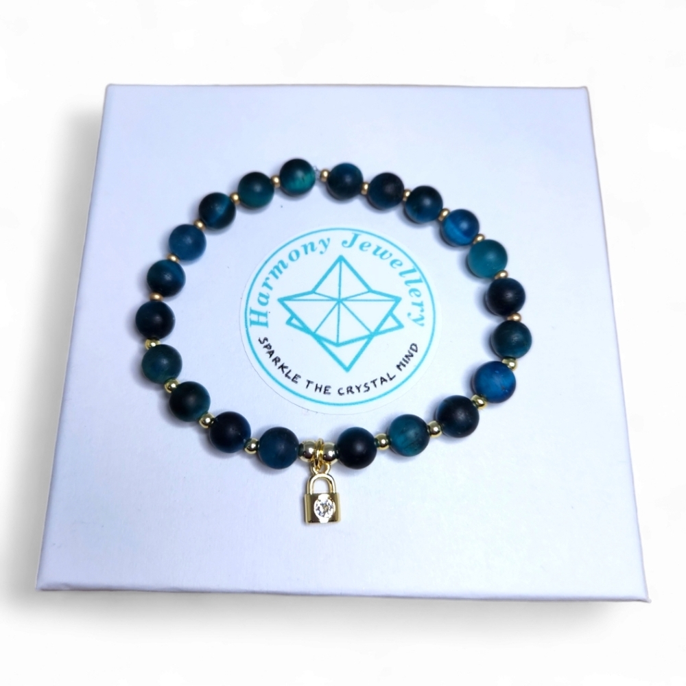 6 mm Matte Blue Tiger Rye gold plated lock charm bracelet